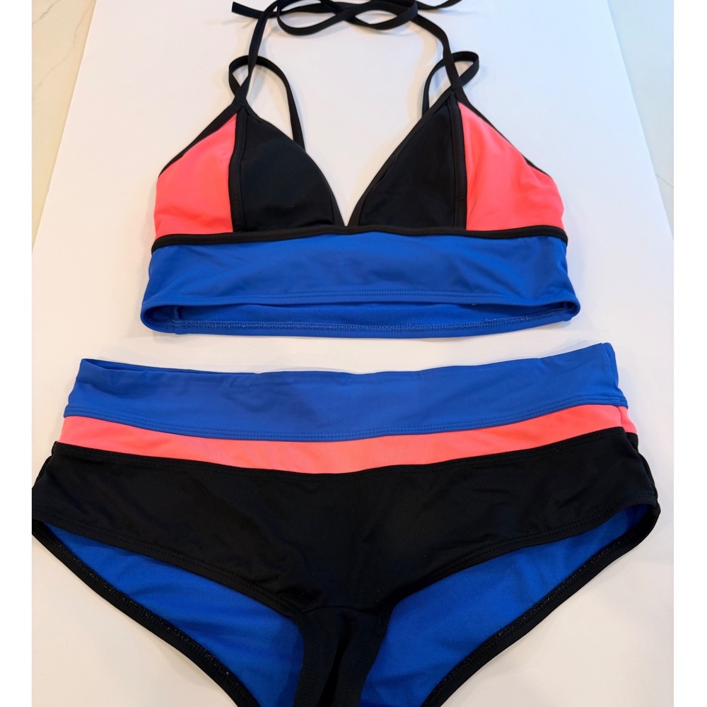 Athleta Colorblock Bikini Set Blue Coral Black Halter Top Swimsuit S 213475-00
